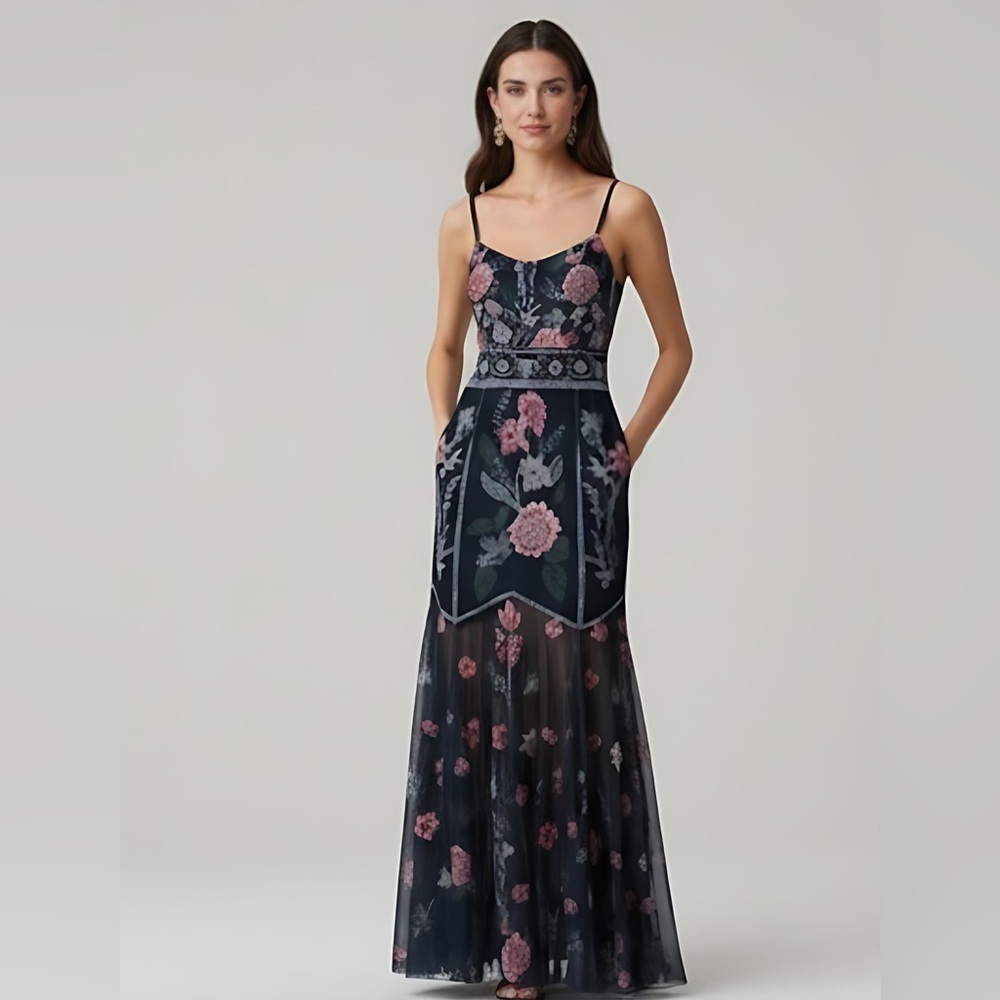 Elegant Floral  V-Neck Mermaid Hem Dress Blue